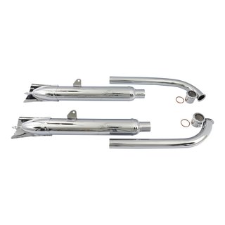 Set Auspuffe + Krümmer + Schellen IFA MZ BK350 Fischschwanz Fischflosse chrom 3-teilig