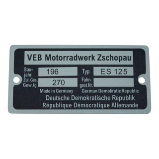 Typenschild für MZ ES125 Plakette Alu VEB silber schwarz Originaldesign Rohling