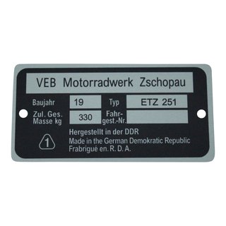 Typenschild für MZ ETZ251 Plakette Alu VEB silber schwarz Originaldesign Rohling