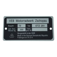 Typenschild für MZ ETZ251 Plakette Alu VEB silber...
