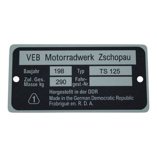 Typenschild für MZ TS125 Plakette Alu VEB silber schwarz Originaldesign Rohling