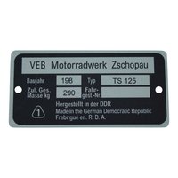 Typenschild für MZ TS125 Plakette Alu VEB silber...