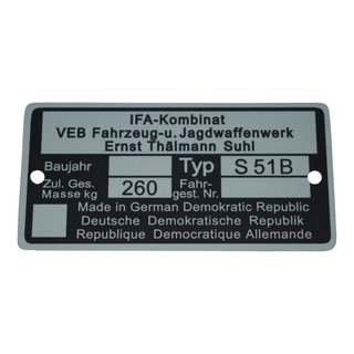 Typenschild für Simson S51 B Plakette 260kg silber schwarz Rohling für Rahmen