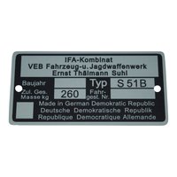 Typenschild für Simson S51 B Plakette 260kg silber...