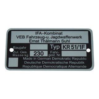 Typenschild Plakette für Simson KR51/1 F Schwalbe 230kg Rohling