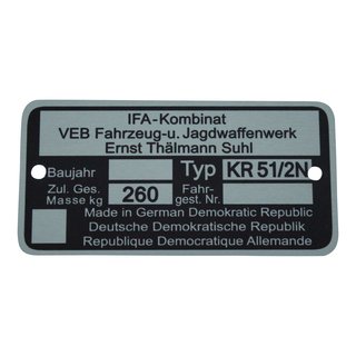 Typenschild Plakette für Simson KR51/2 N Schwalbe 260kg Rohling