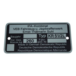 Typenschild Plakette für Simson KR51/2 L Schwalbe 260kg Rohling