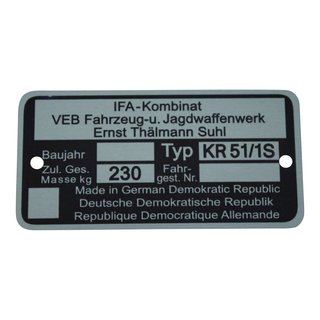 Typenschild Plakette für Simson KR51/1 S Schwalbe Halbautomatik Hycomat 230kg Rohling