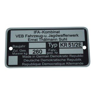 Typenschild Plakette für Simson KR51/2 E Schwalbe 260kg Rohling