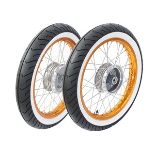 Paar Tuning Kompletträder 1,60x16 für Simson S51 S50 S53 KR51 Schwalbe Spatz Star Sperber Habicht Weißwandreifen Mitas MC2 weiss Felge gold Speichen Edelstahl