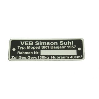Typenschild für Simson SR1 1957 silber schwarz Rohling Plakette für Rahmen Rahmennummer