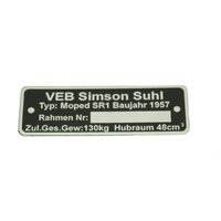 Typenschild für Simson SR1 1957 silber schwarz...