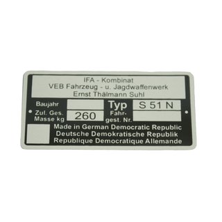 Typenschild für Simson S51 N Plakette 260kg silber schwarz Rohling für Rahmen