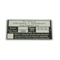 Typenschild für Simson S51 N Plakette 260kg silber...