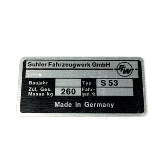 Simson S53 Typenschild Plakette Alu 260kg VEB silber schwarz Rohling NEU Roller