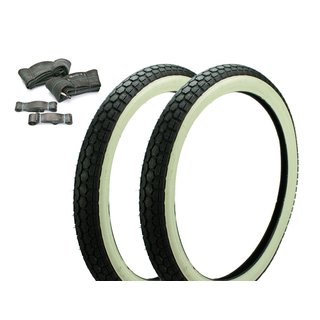 2 Weißwandreifen, Schläuche, Felgenbänder für 2,50x19 45J 19" 2 1/2 Reifen weiß für Simson SR2 E DKW RT125, Hummel Zündapp CX Hai Super Combinette, Falconette Typ 425/435 Hercules 22 Kreidler Amazone, K54 Ur-Florett, K 53