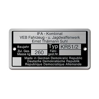 Typenschild für Simson KR51/2 Schwalbe Plakette Rahmennummer 260kg