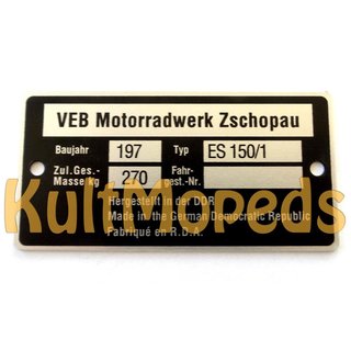 MZ ES150/1 Typenschild Plakette Alu VEB silber schwarz Original-design Rohling