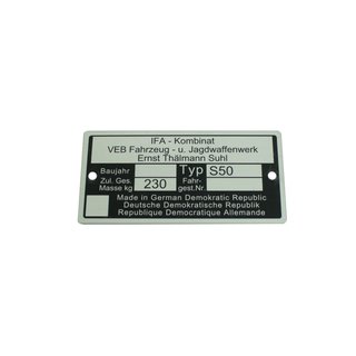 Typenschild Plakette Rahmen Alu VEB silber für Simson S50 B N 230kg Rohling