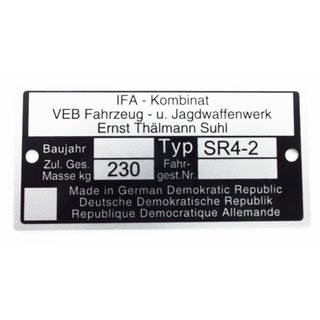 Typenschild Plakette Rahmen Alu Veb silber für Simson SR4-2 Star Rohling