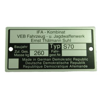 Typenschild Plakette Rahmen Alu VEB silber für Simson S70 260kg Rohling