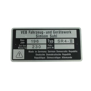 Typenschild Plakette Rahmen Alu VEB silber pas. f. Simson SR4-II SR4-2 Star Rohling 7,5x3,7