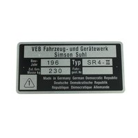 Typenschild Plakette Rahmen Alu VEB silber pas. f. Simson...