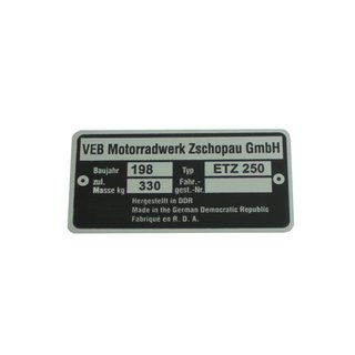 Typenschild Plakette Rahmen Alu VEB silber für MZ ETZ250 7,5x3,7
