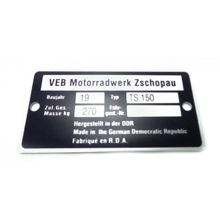 Typenschild für MZ TS150 Plakette Alu VEB silber schwarz Original-design Rohling