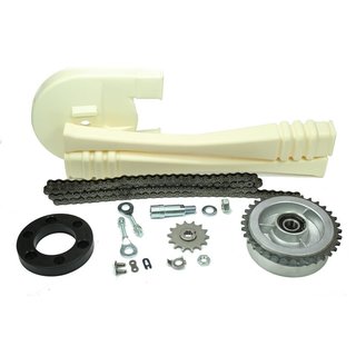Kettenkit beige für Simson KR51/1 Schwalbe, SR4-1 Spatz Antrieb mit Kettenkasten, Kette 114, Ritzel 14Z, Mitnehmer 34Z, Spanner, Elastikring