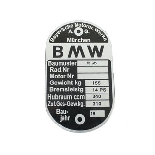 Typenschild pas. für BMW R35 14PS 340ccm Alu