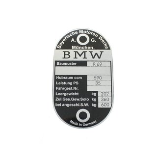 Typenschild pas. für BMW R69 35PS 590ccm Alu Rahmen Plakette