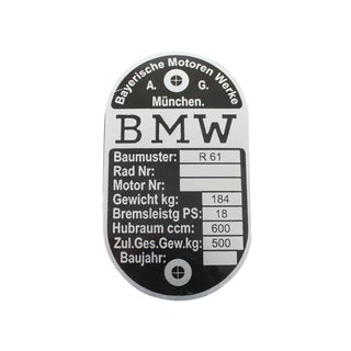 Typenschild für BMW R61 18PS 600ccm Alu Rahmen Plakette