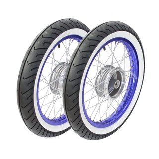 Paar Kompletträder Felge blau Weißwandreifen für Simson S51 S50 S53 KR51 Schwalbe Spatz Star Sperber Habicht Mitas MC2 weiss