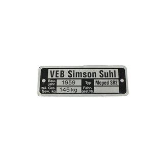 Typenschild für Simson SR2 1959 silber schwarz Rohling Plakette für Rahmen Rahmennummer