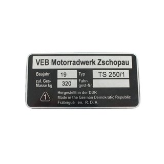 Typenschild für MZ TS250/1 Plakette Alu VEB silber schwarz Originaldesign Rohling