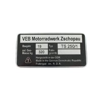 Typenschild für MZ TS250/1 Plakette Alu VEB silber...