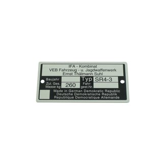 Typenschild Plakette Rahmen Alu Veb silber für Simson SR4-3 Sperber Rohling