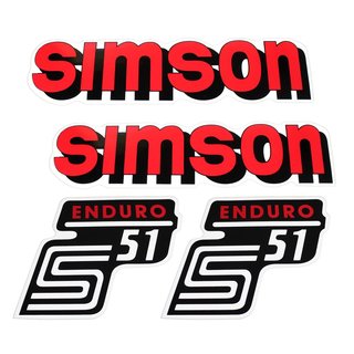 Simson 4 x Klebefolie Tank Aufkleber Seitendeckel S51-E Enduro weiß rot schwarz