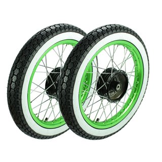Räder Weißwandreifen IRC Mantel für Simson S51 S50 S70 S53 Star Sperber Habicht Duo KR51 Schwalbe Felge Grün mit schwarzer Nabe, Speichen chrom